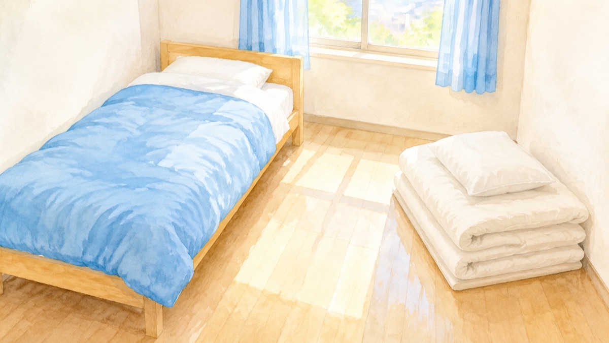 明るい小さな部屋の片側に寝具を敷いたベッド もう片側の床にたたんだ布団（文字なし・人なし）
