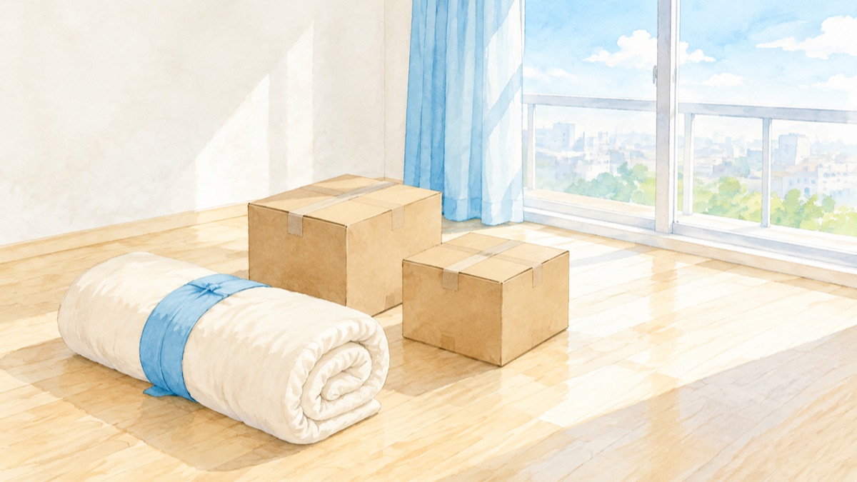 引っ越してきたばかりの明るい部屋に丸めた布団を置いた絵