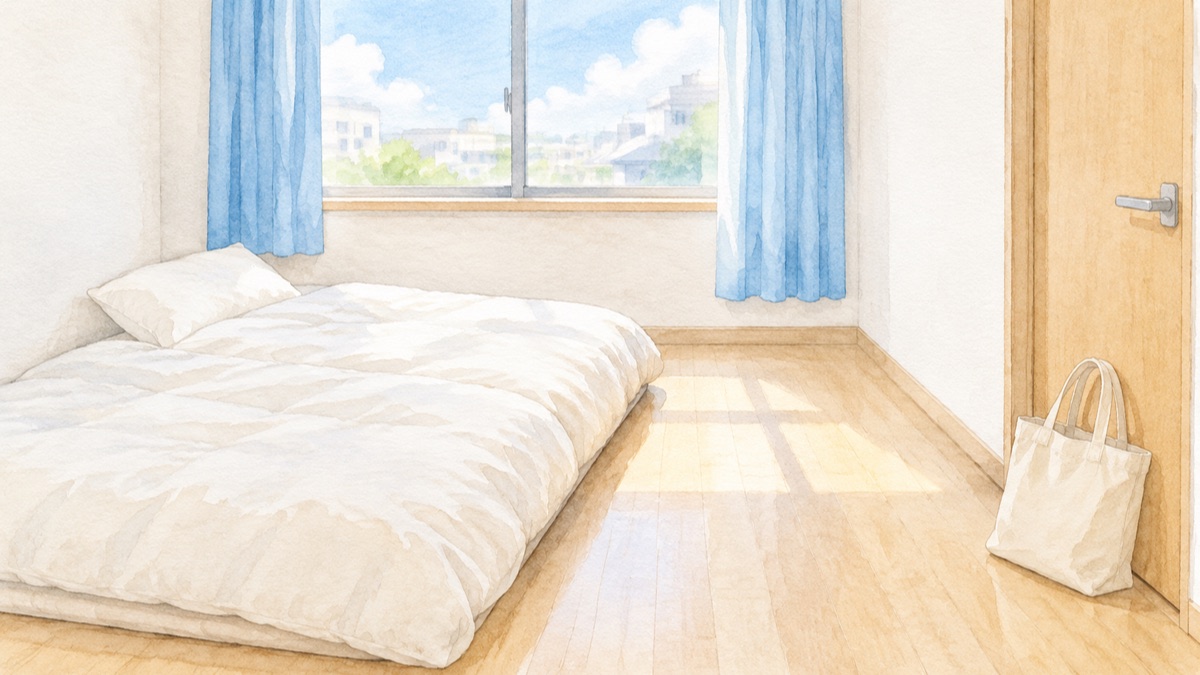 窓から光の入る小さな部屋のベッドに敷いたままの布団と出かける前のかばんの絵
