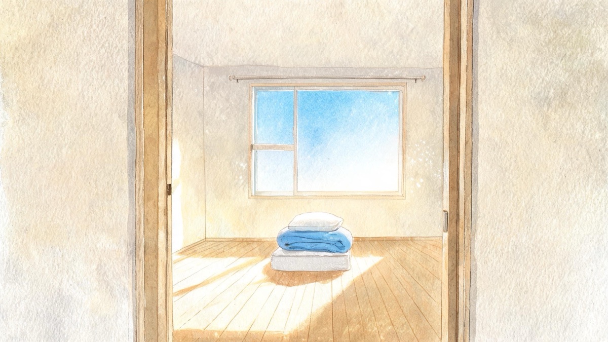 引っ越しの朝に何もなくなった部屋の真ん中にたたんだ布団だけが残っている絵