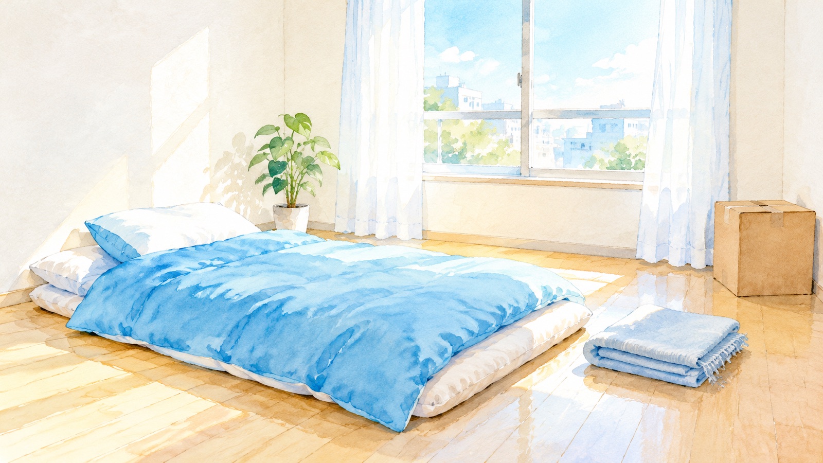朝の光が入る小さな部屋の床に敷いた布団と枕と段ボール箱が置かれた絵
