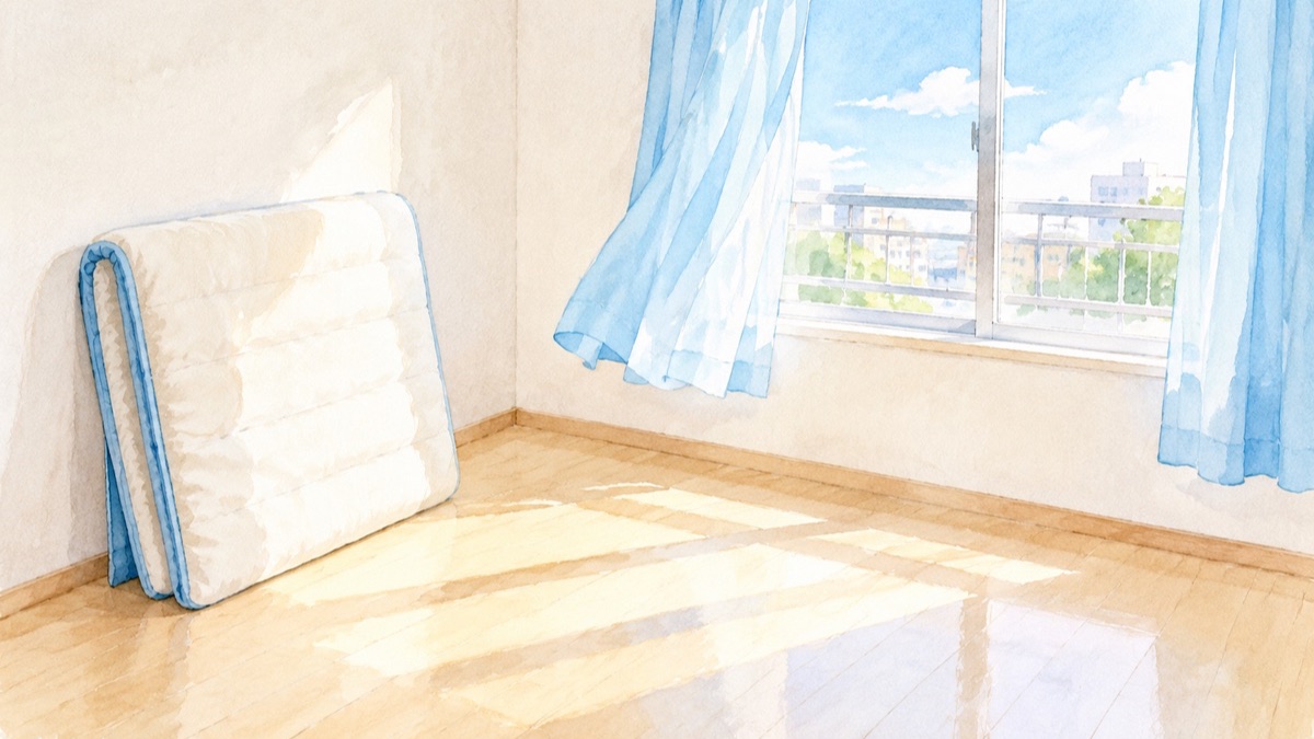 押入れの無い明るいワンルームの床の隅に たたんだ敷き布団が壁に立てかけてあり 開いた窓から風が入る絵（文字なし・人なし）