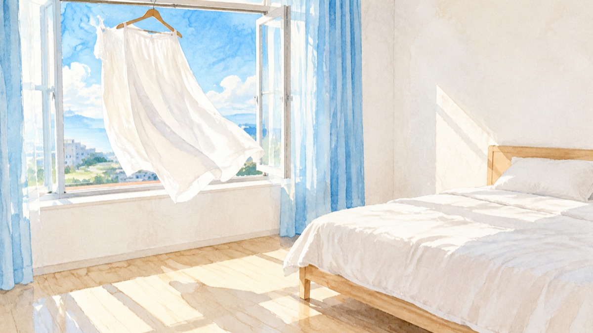 晴れた日の一人暮らしの部屋で窓辺のハンガーに干したシーツが風に揺れる絵