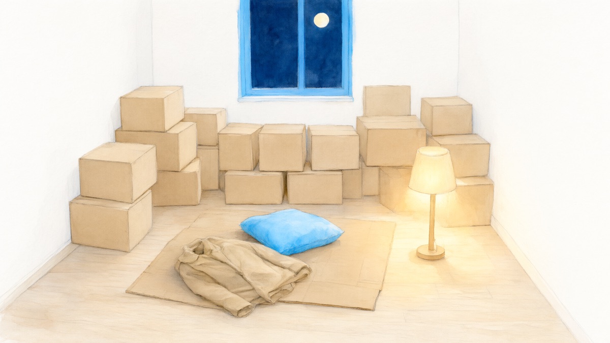 段ボールが並ぶ新居の夜に床に段ボールを敷き上着とクッションを置いて今夜の寝床を作った絵
